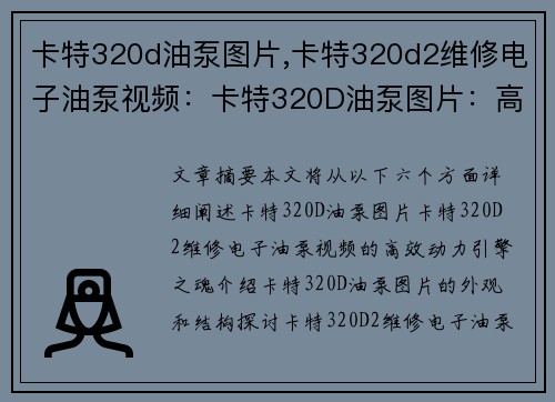 卡特320d油泵图片,卡特320d2维修电子油泵视频：卡特320D油泵图片：高效动力的引擎之魂