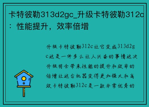 卡特彼勒313d2gc_升级卡特彼勒312c：性能提升，效率倍增